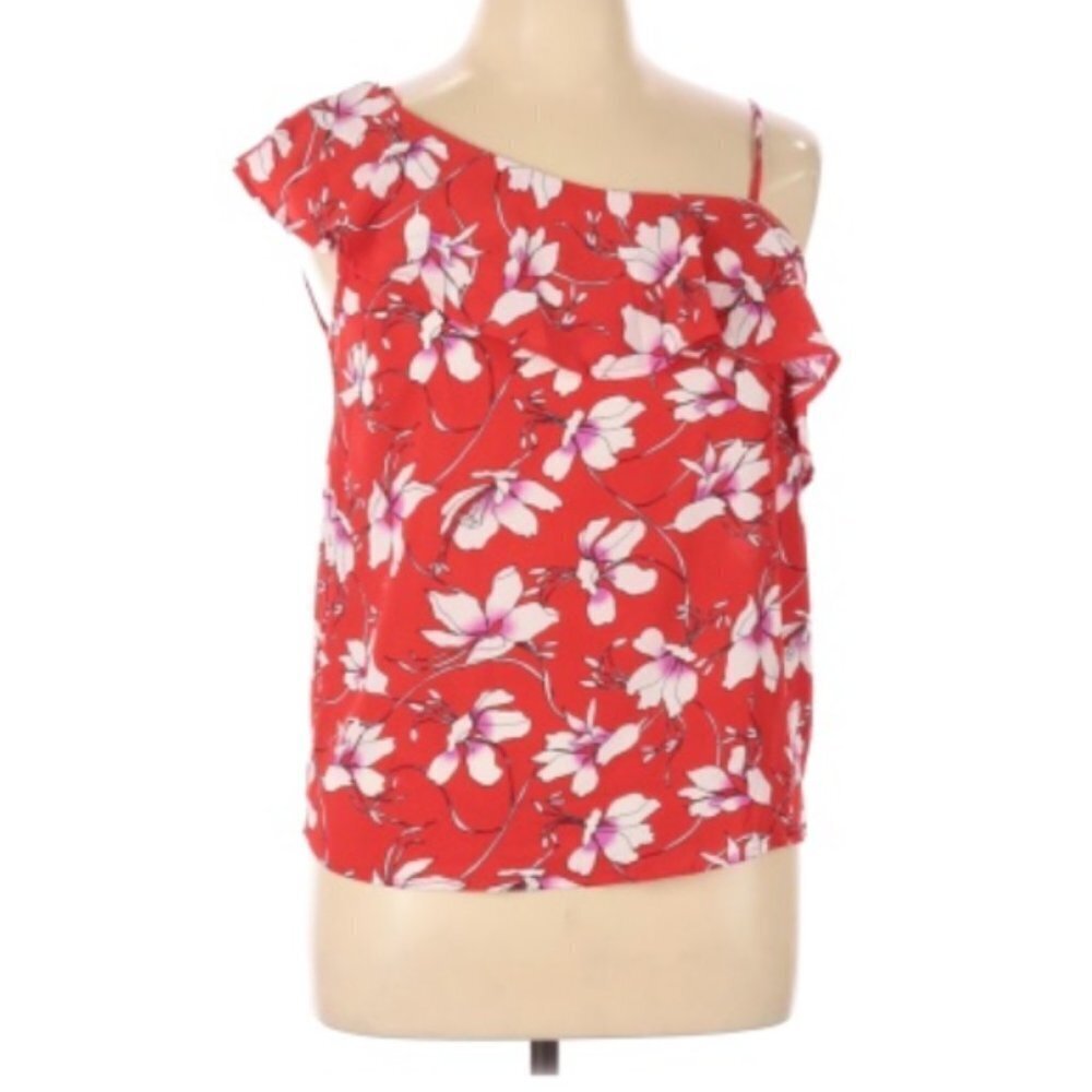 MONTEAU Floral One Shoulder Ruffle Detail Top Red